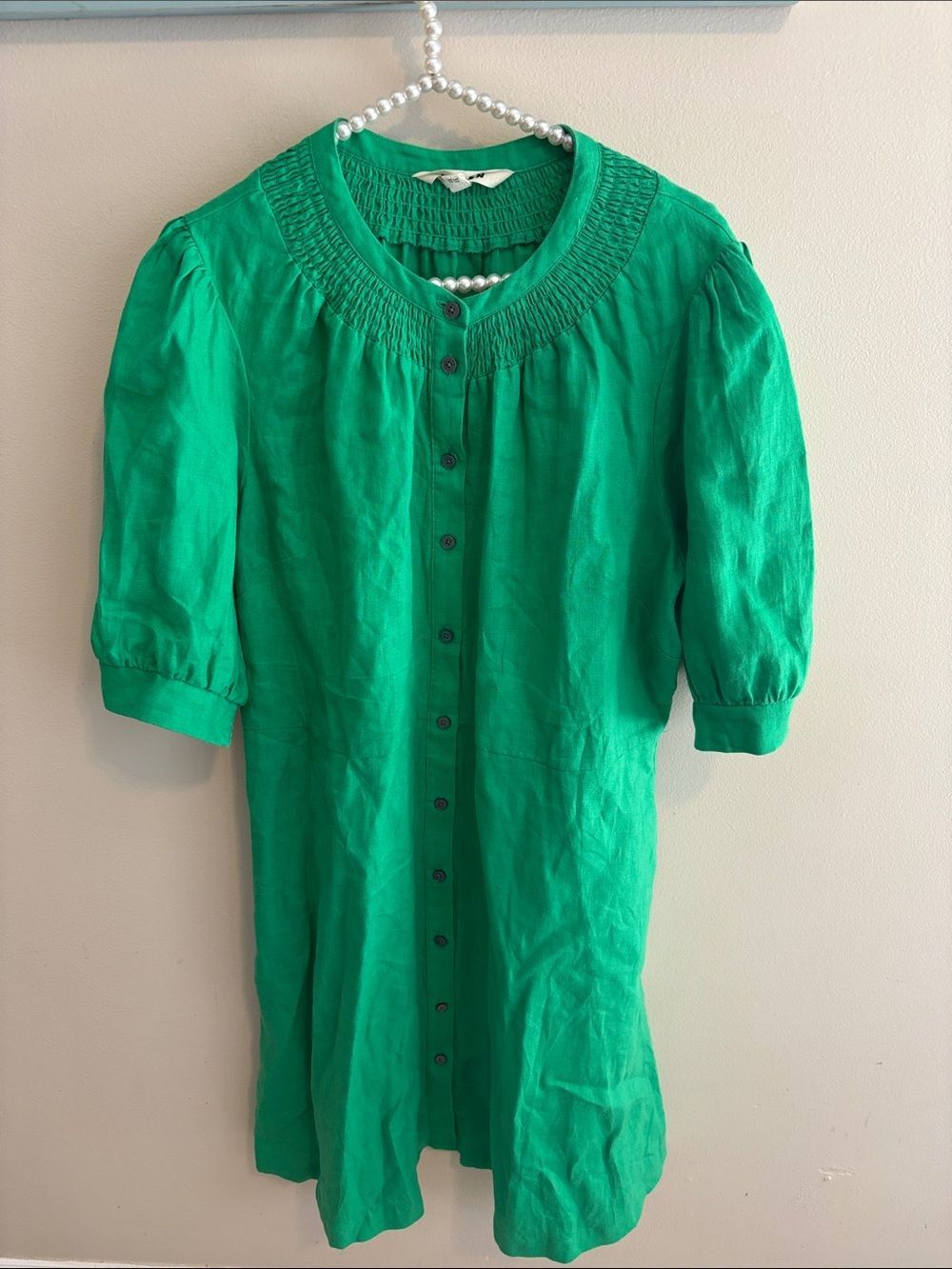 Boden Ada Linen Dress Womens 14 Green Smocked Button Front Puff Sleeve Shift